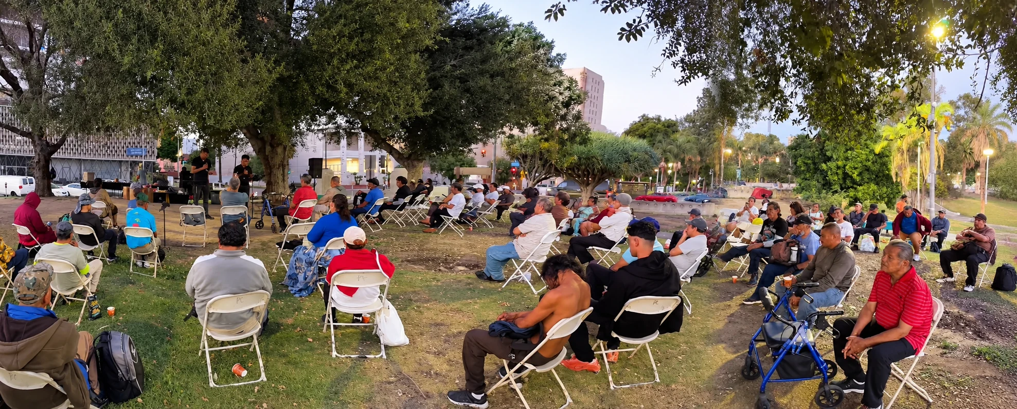 The worship community gathered outdoors at MacArthur Park