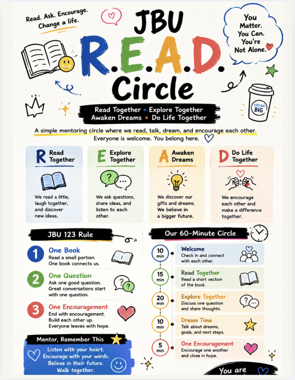 JBU R.E.A.D. Circle — Read Together, Explore Together, Awaken Dreams, Do Life Together.