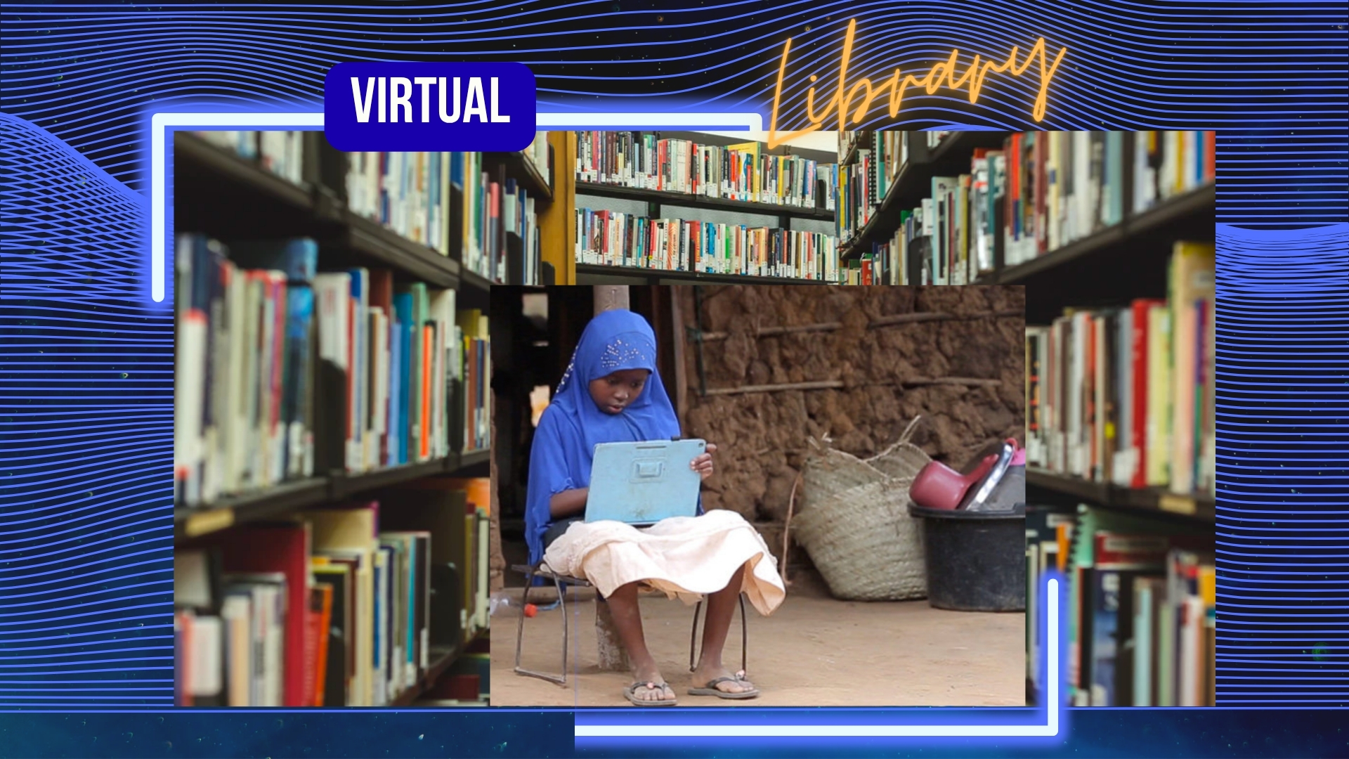 Illustrative image of a child reading with a tablet among bookshelves